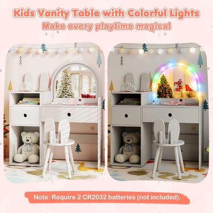 Bunny Kids Vanity Table and Chair Set with Lighted Mirror-White