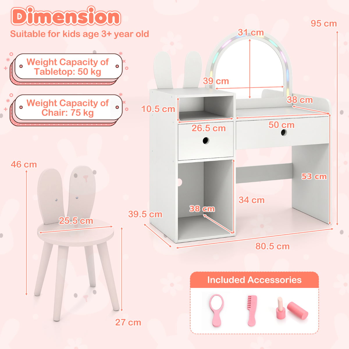 Bunny Kids Vanity Table and Chair Set with Lighted Mirror-White