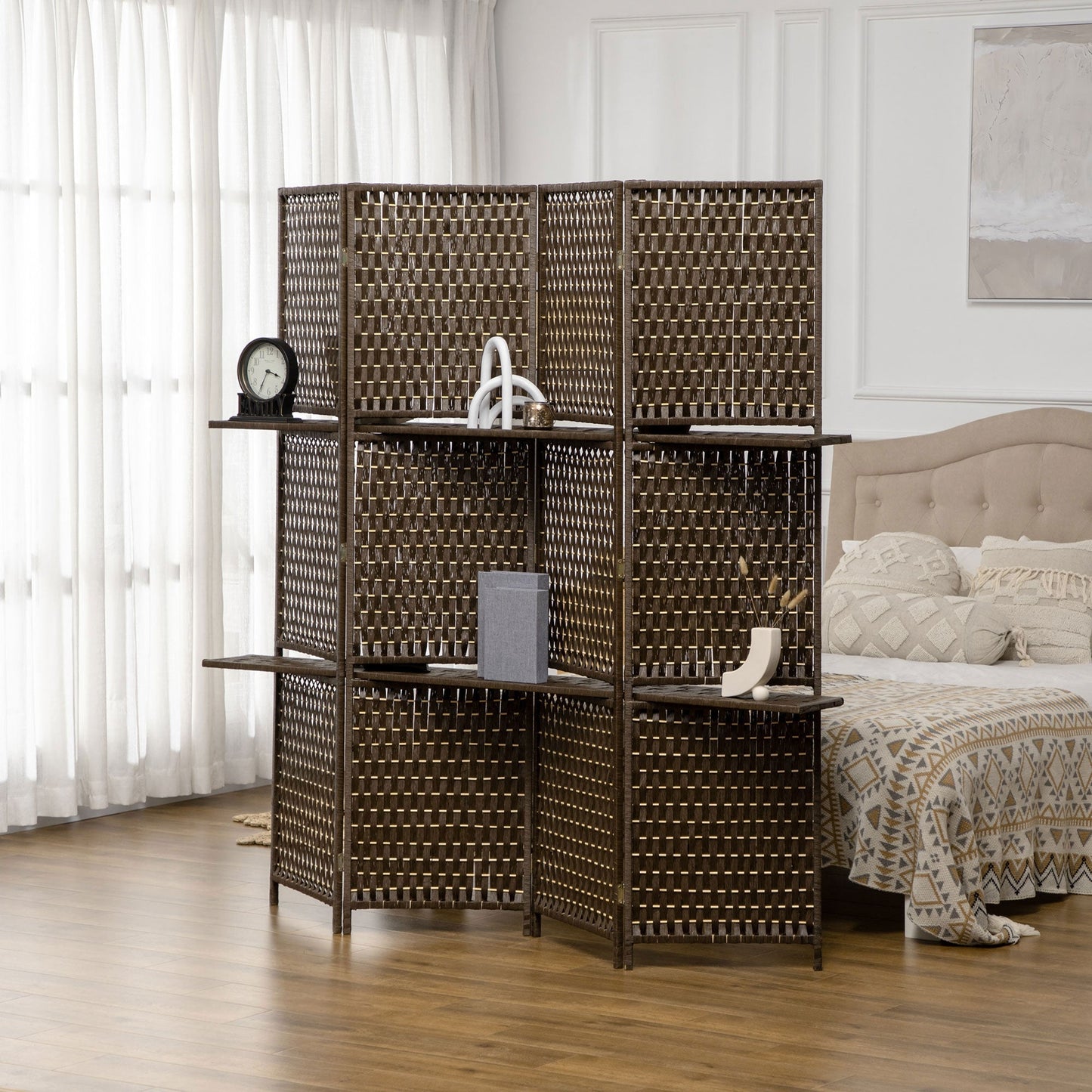 HOMCOM 4-Panel Room Dividers with Shelves, Wave Fibre Freestanding Folding Privacy Screen Panels, Partition Wall Divider for Indoor Bedroom Office, 180Â cm, Brown