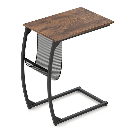C-Shaped Compact Sofa Side Snack Table with a mesh pocket on the side