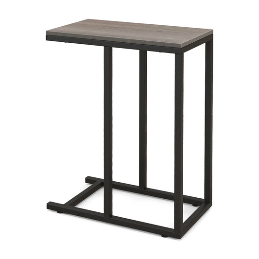 C-Shaped End Table with a grey wood-effect top and black metal frame