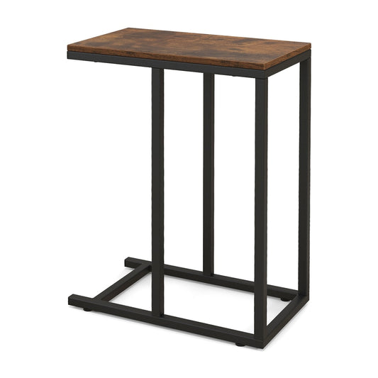 C-Shaped End Table with a rustic brown top and a black metal frame on a white background
