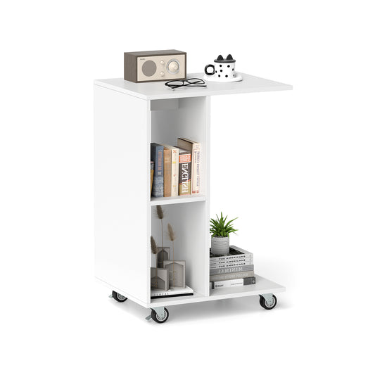 C-Shaped End Table with two shelves and wheels, shown in white