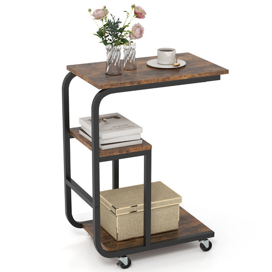C-shaped End Table with rustic brown shelves and black metal frame on wheels