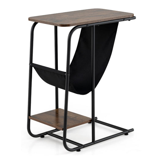 C-Shaped End Table with a black canvas book holder and a bottom wooden storage shelf