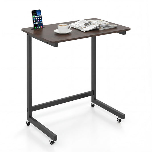 C-shaped End Table with wheels and a built-in phone slot, shown with a coffee cup and magazine