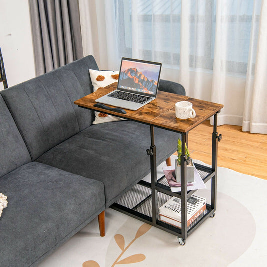 The side table placed next to a grey sofa with a laptop and coffee cup on top