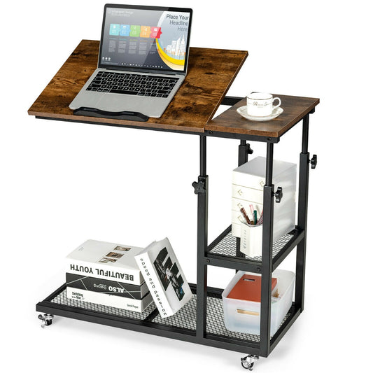 C-Shaped Mobile Couch Side Table with Height Adjustable Storage holding a laptop and books