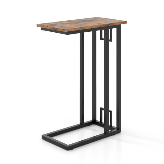 C-Shaped Side Table with a rustic brown top and a black metal frame on a white background