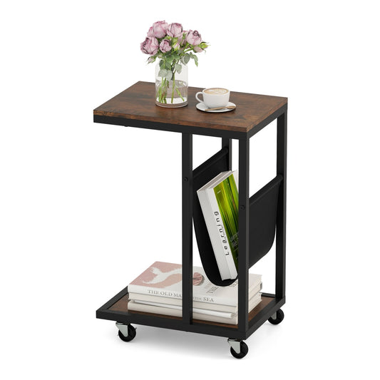 C-shaped Side Table on Wheels with storage pouch and rustic brown finish