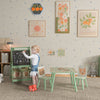 ZONEKIZ Kids Table and Chair Set and Kids Easel with Paper Roll, Storage Baskets, Kids Activity Furniture Set, Green