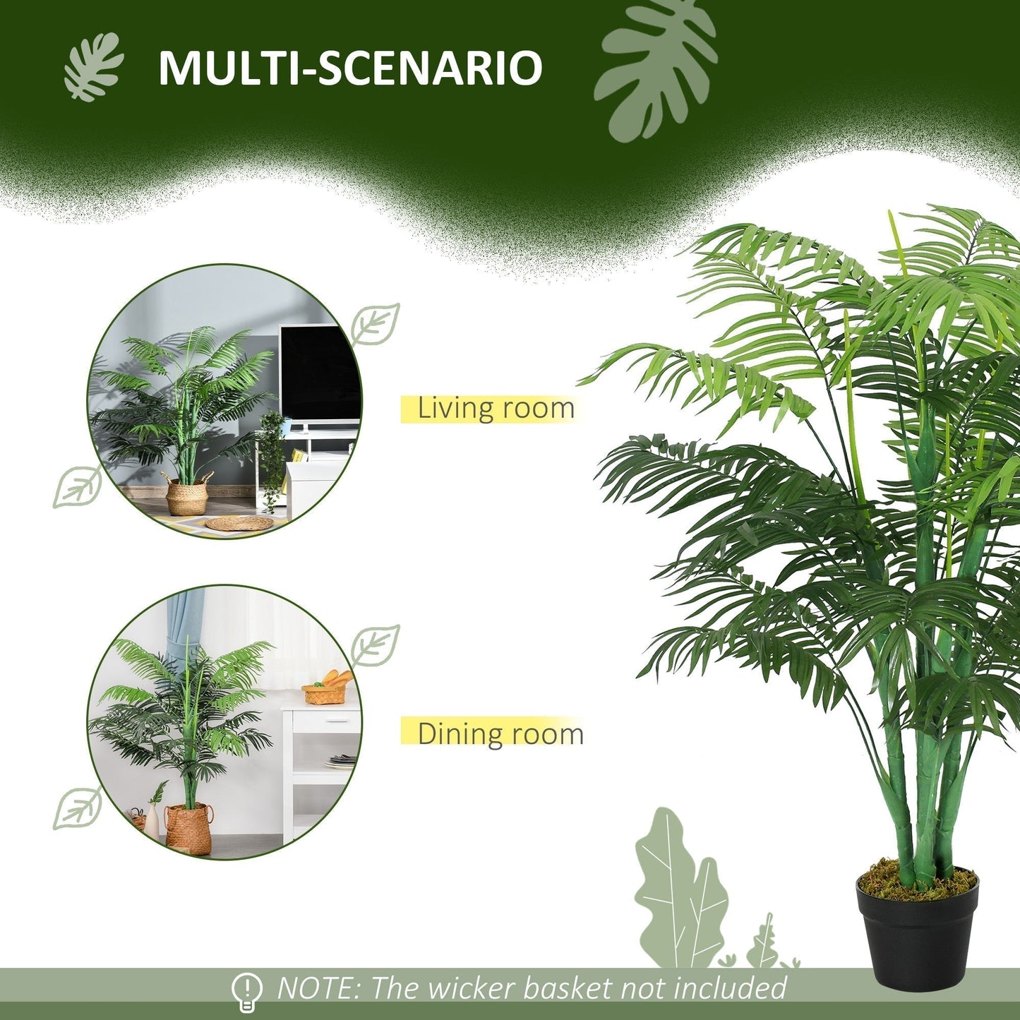 Outsunny 125cm/4FT Artificial Palm Plant Decorative Tree with Nursery Pot, Fake Plastic Indoor Home Office Decor, Green