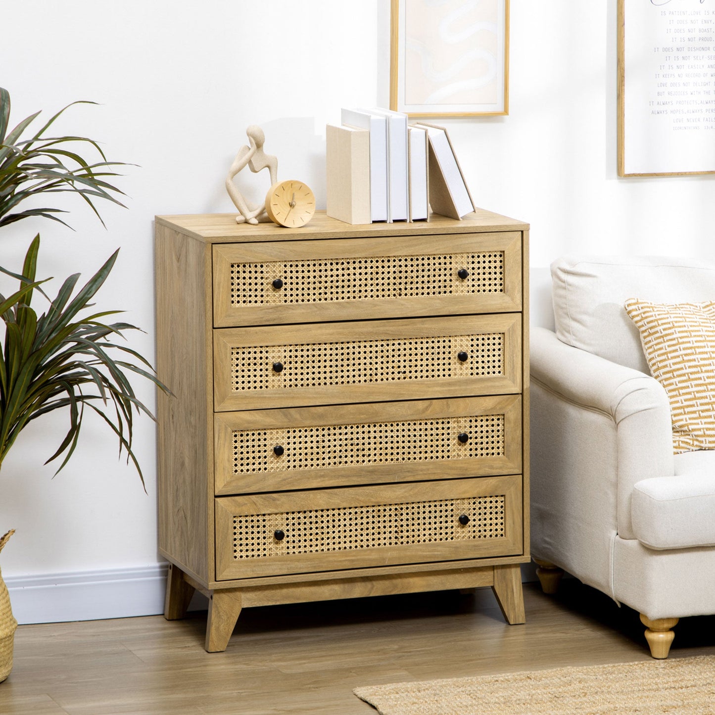 HOMCOM Chest of Drawer with 4 Rattan Drawers, Beside Table with Door, Natural