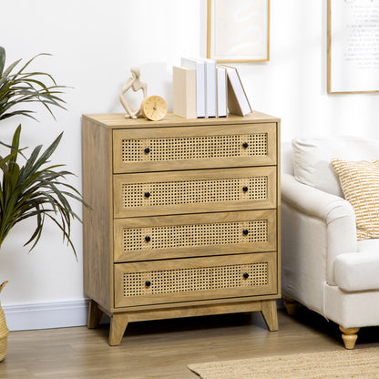 HOMCOM Chest of Drawer with 4 Rattan Drawers, Beside Table with Door, Natural