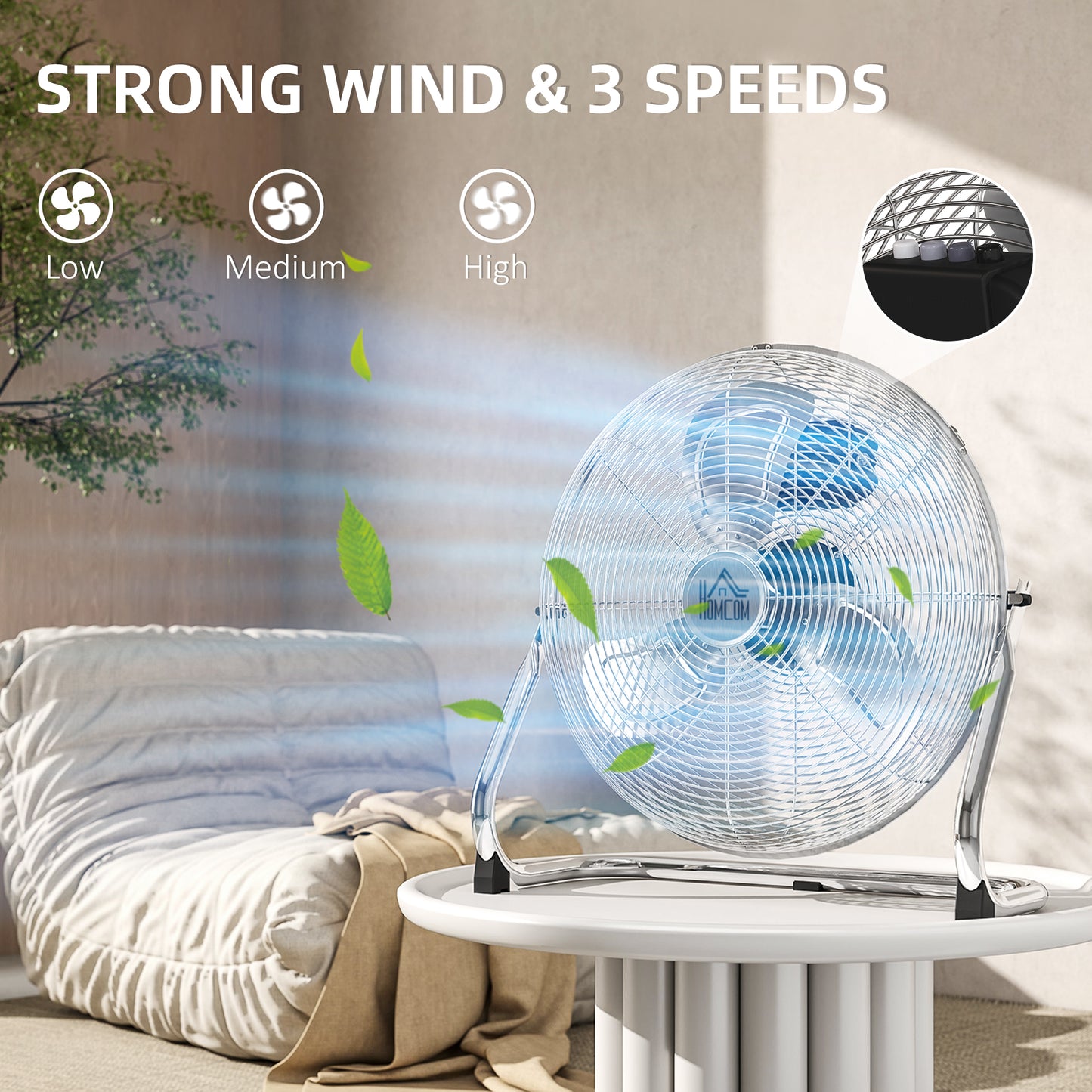 HOMCOM Metal Floor Fan with 3 Speeds & 120√Ç¬∞ Adjustable Tilt - Silver Tone