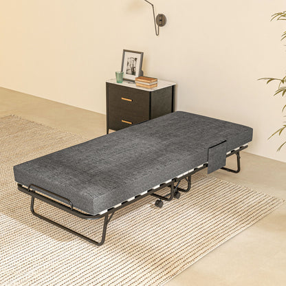 HOMCOM Single Steel Frame Folding Bed, with Wheels - Black/Grey