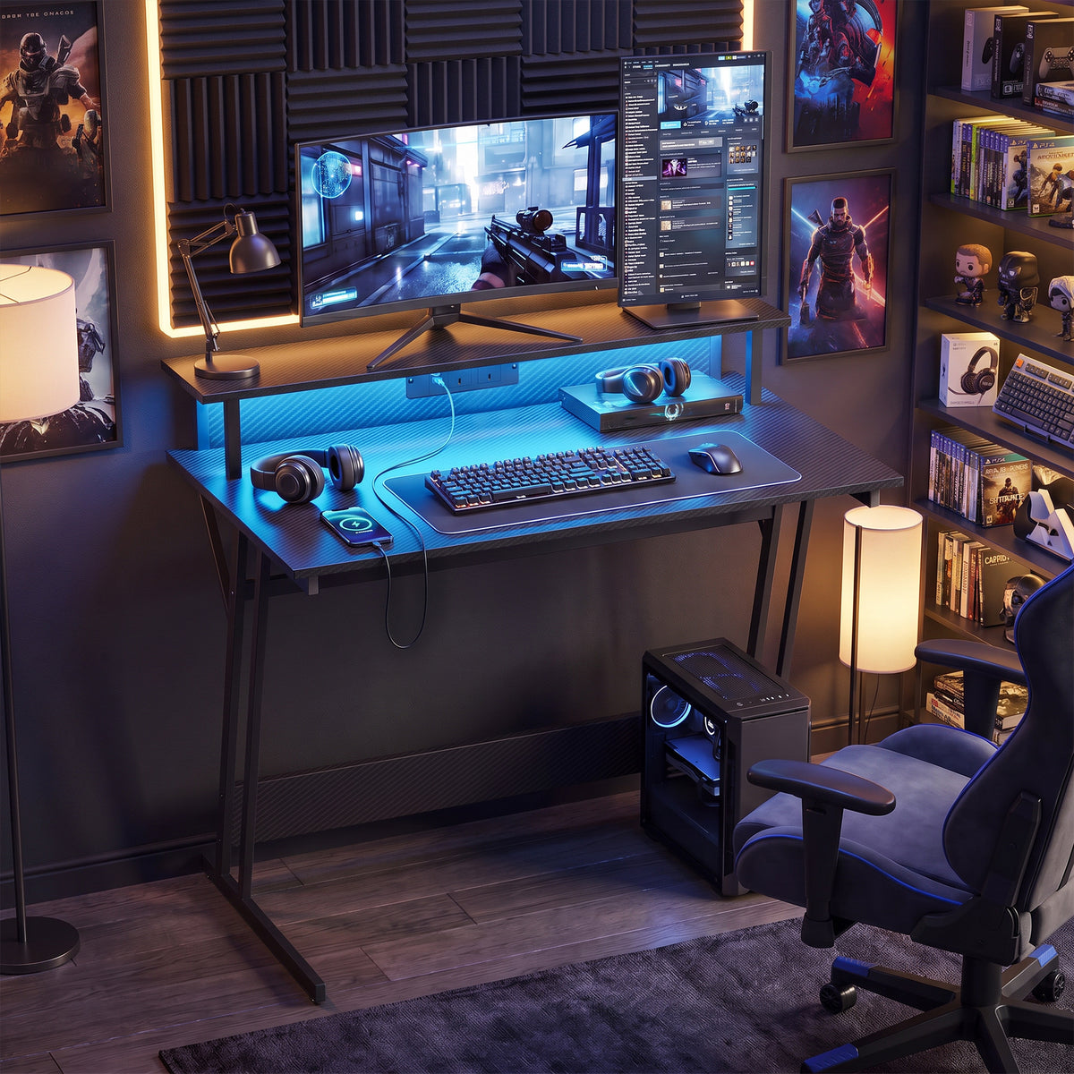 HOMCOM Two-Level LED Gaming Desk in Black