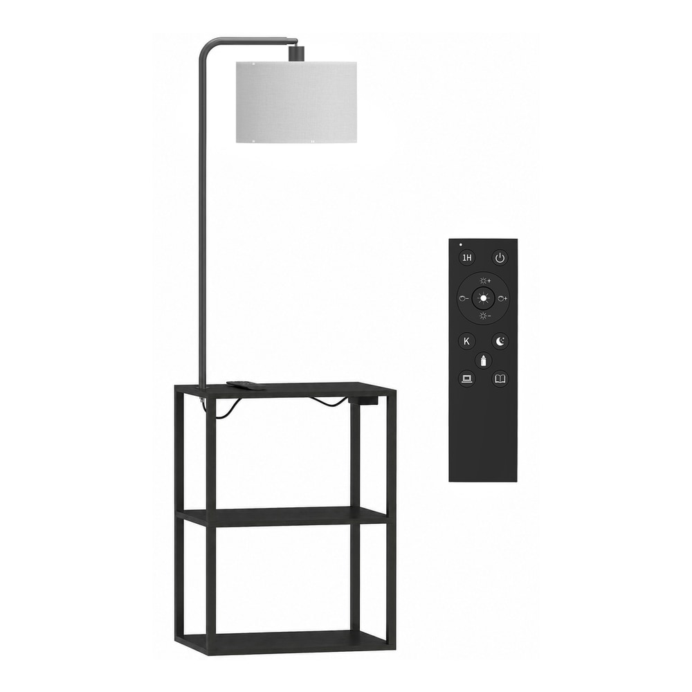 HOMCOM Dimmable Floor Lamp with Shelves, Charging Station, 3-Tier Storage Table, Adjustable Fabric Lampshade, Black