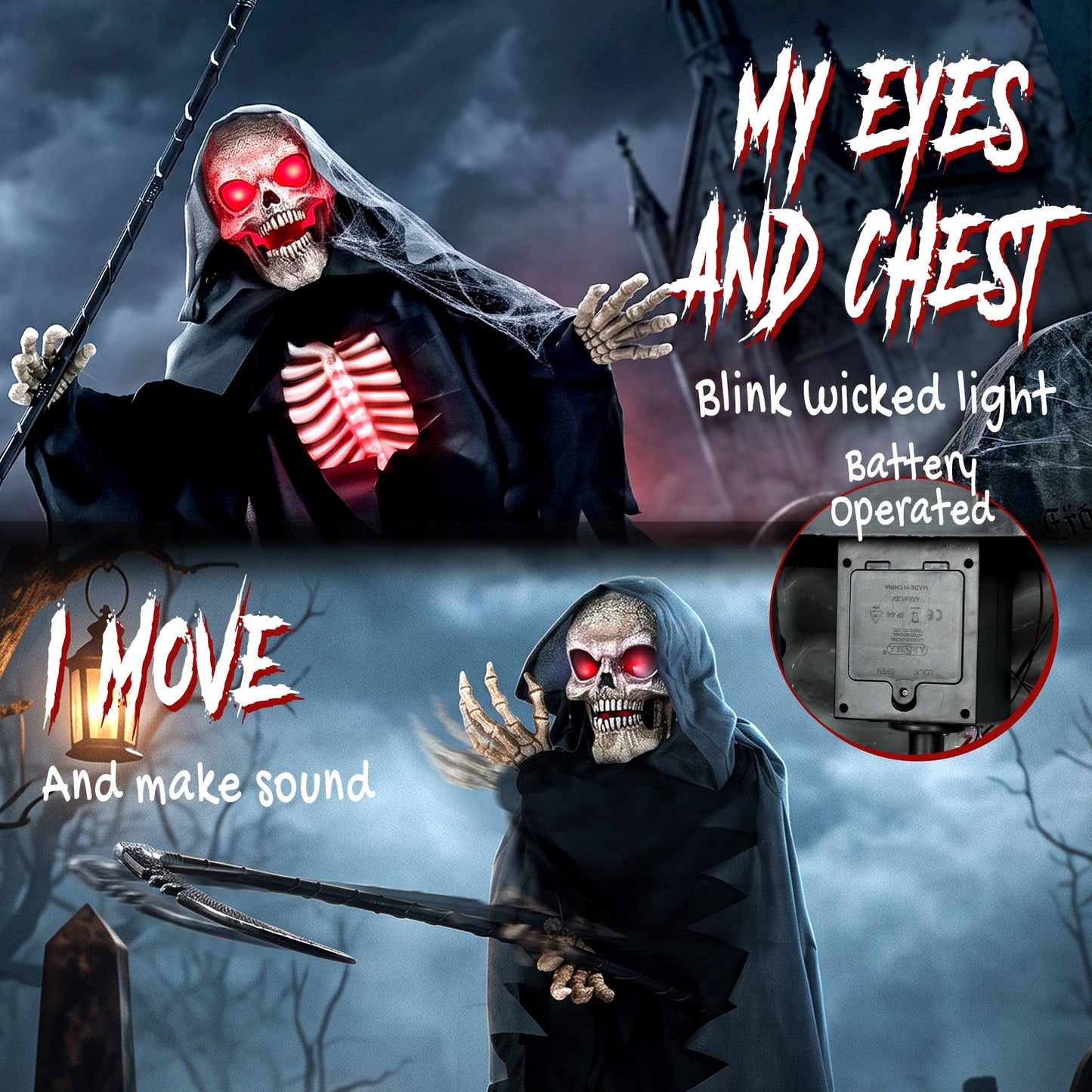 HOMCOM 170cm Life Size Animated Grim Reaper Halloween Decoration, Scary Halloween Animatronics Decor with Sound Touch Activated