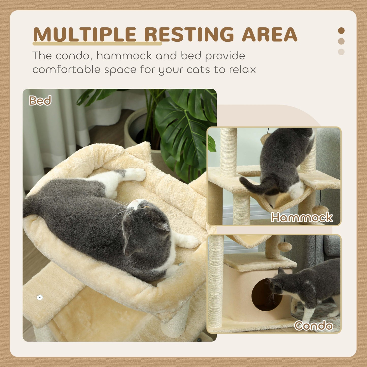 PawHut Cat Tree, 90cm Cat Tower with Sisal Scratching Posts, Cat Condo, Hammock, Top Perch and 2 Hanging Toys for Cats, Beige