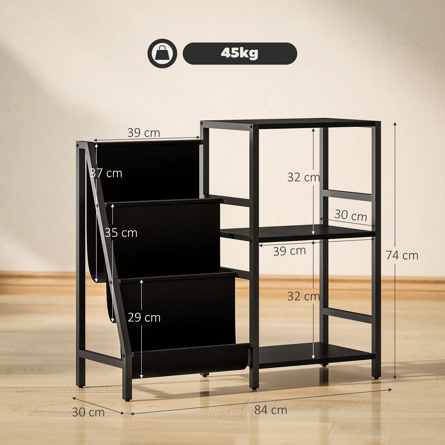 HOMCOM 3-Tier Record Player Stand, End Table for Living Room, Bedroom - Black Wood Effect