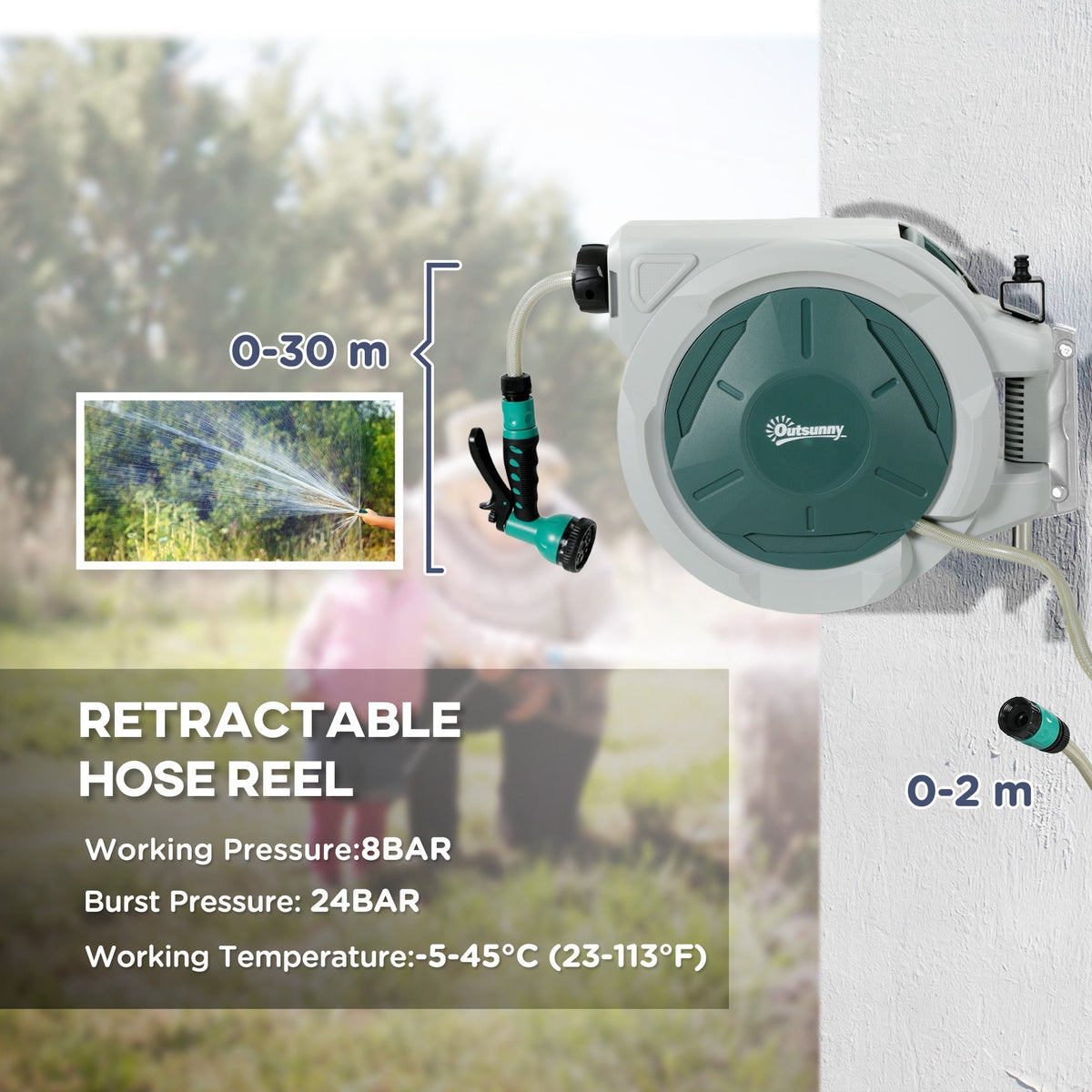 Outsunny Retractable Hose Reel Wall Mounted, 30+2m Garden Hose Pipe Reel with Lock, Auto Rewind, 7 in 1 Spray Nozzle, Includes Wall Fixings, 180 Swivel, Outdoor Watering, Grey