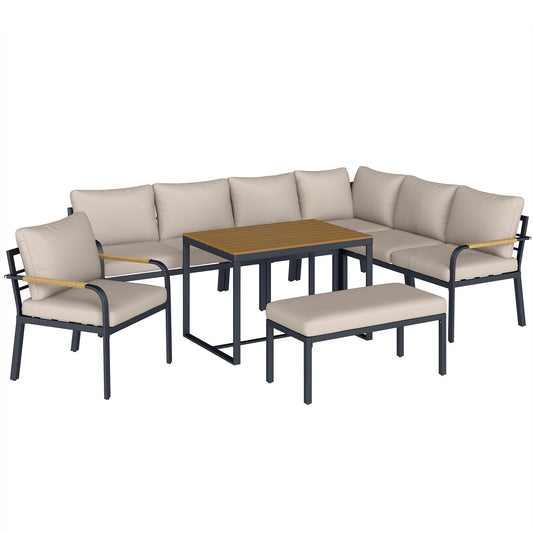 Outsunny 7 Seater Garden Furniture Set, Metal Garden Sofa Set with Cushions, Outdoor Furniture Conversation Sets, Khaki