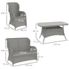 Outsunny Garden PE Rattan Dining Sofa Set, Outdoor 4 Seater Wicker Furniture, High Back Chairs with Cushions, Tempered Glass Coffee Table for Patio, Light Grey
