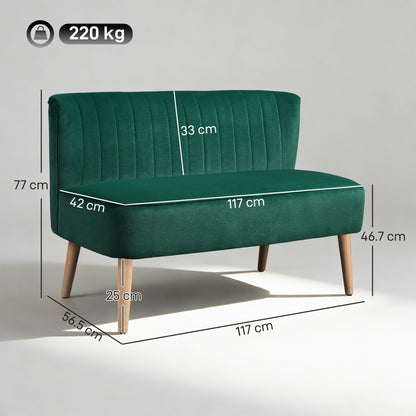 HOMCOM 117cm Loveseat Sofa Upholstered Small 2 Seater Sofa with Thick Padded Seat and Rubber Wood Legs, Dark Green