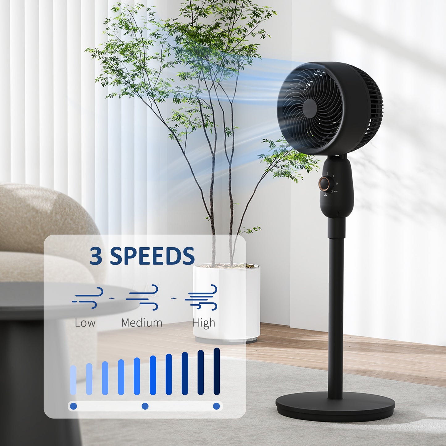 HOMCOM Pedestal Fan, Powerful Air Circulator, 12 Inch Floor Standing Fan with 3 Speed Settings, Oscillating Function for Bedroom, Home and Office, Black