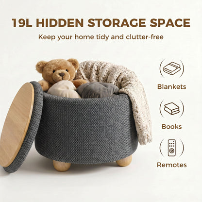 HOMCOM Storage Sitting Bench with Lid, Round Storage Ottoman with Rubberwood Legs, Dark Grey