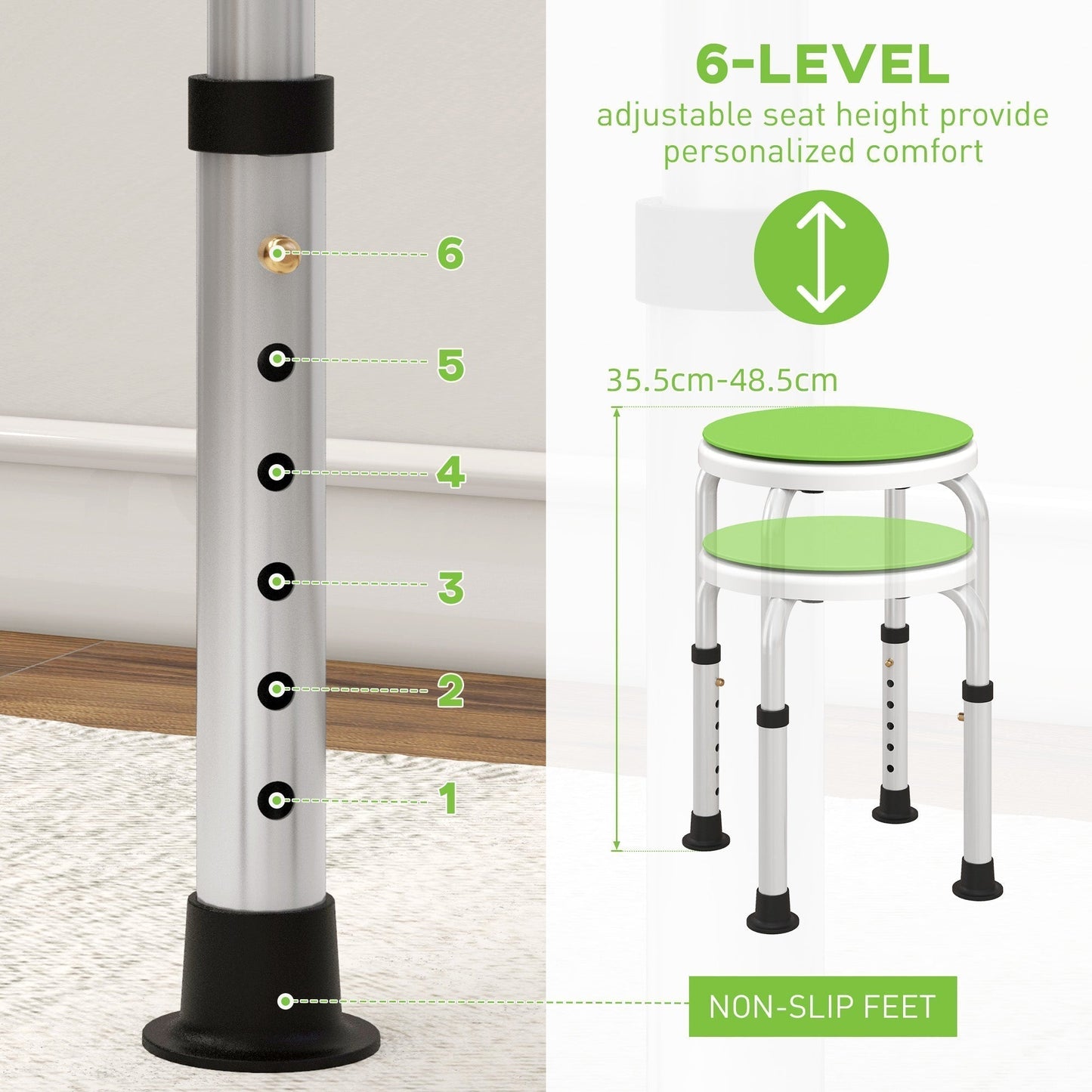 HOMCOM 360 Swivel Shower Chair, Height Adjustable Aluminium Shower Stool with Non-Slip Feet for Disabled, Elderly, Green