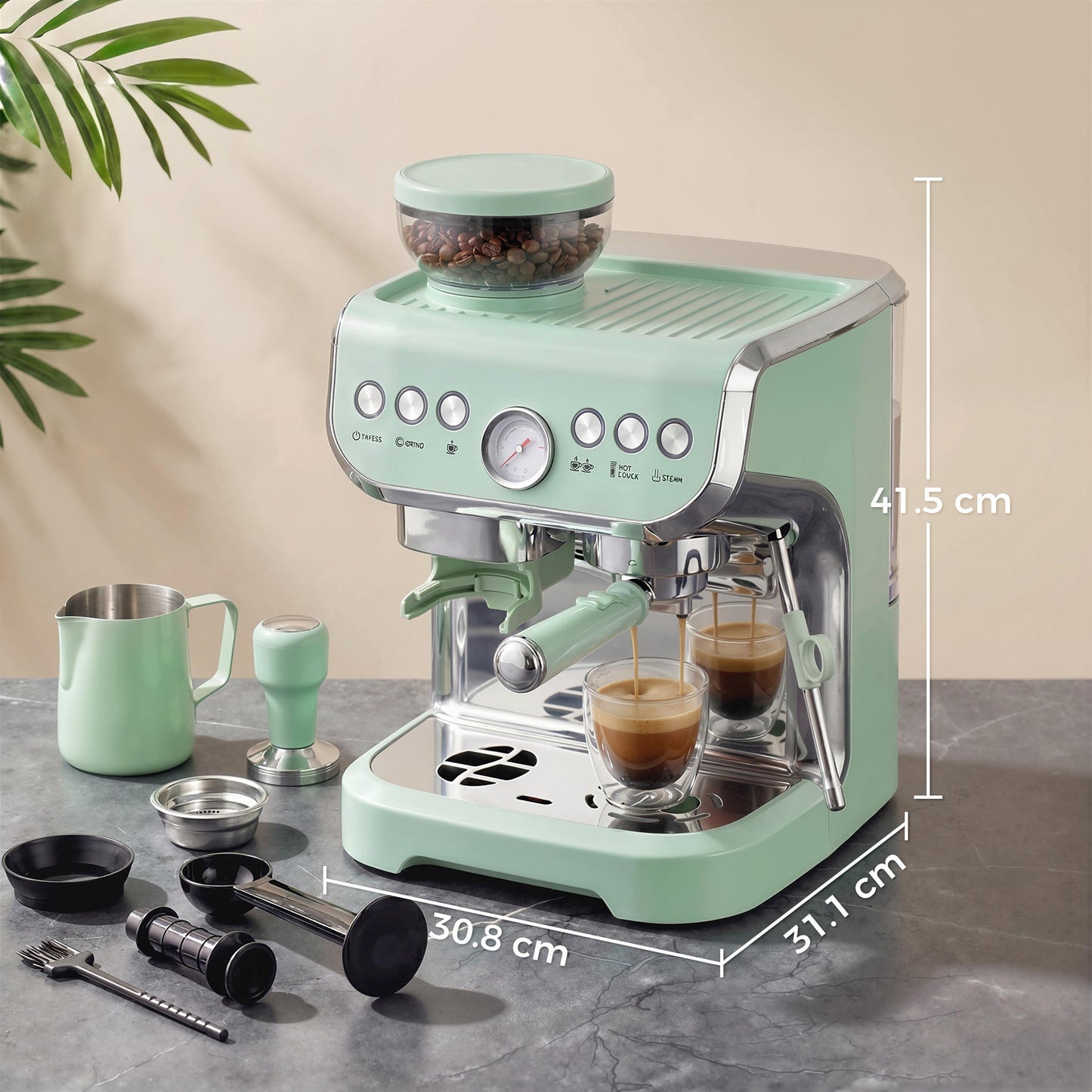 HOMCOM Bean to Cup Coffee Machine, Espresso Machine with Integrated Bean Grinder & Steam Wand, Light Green