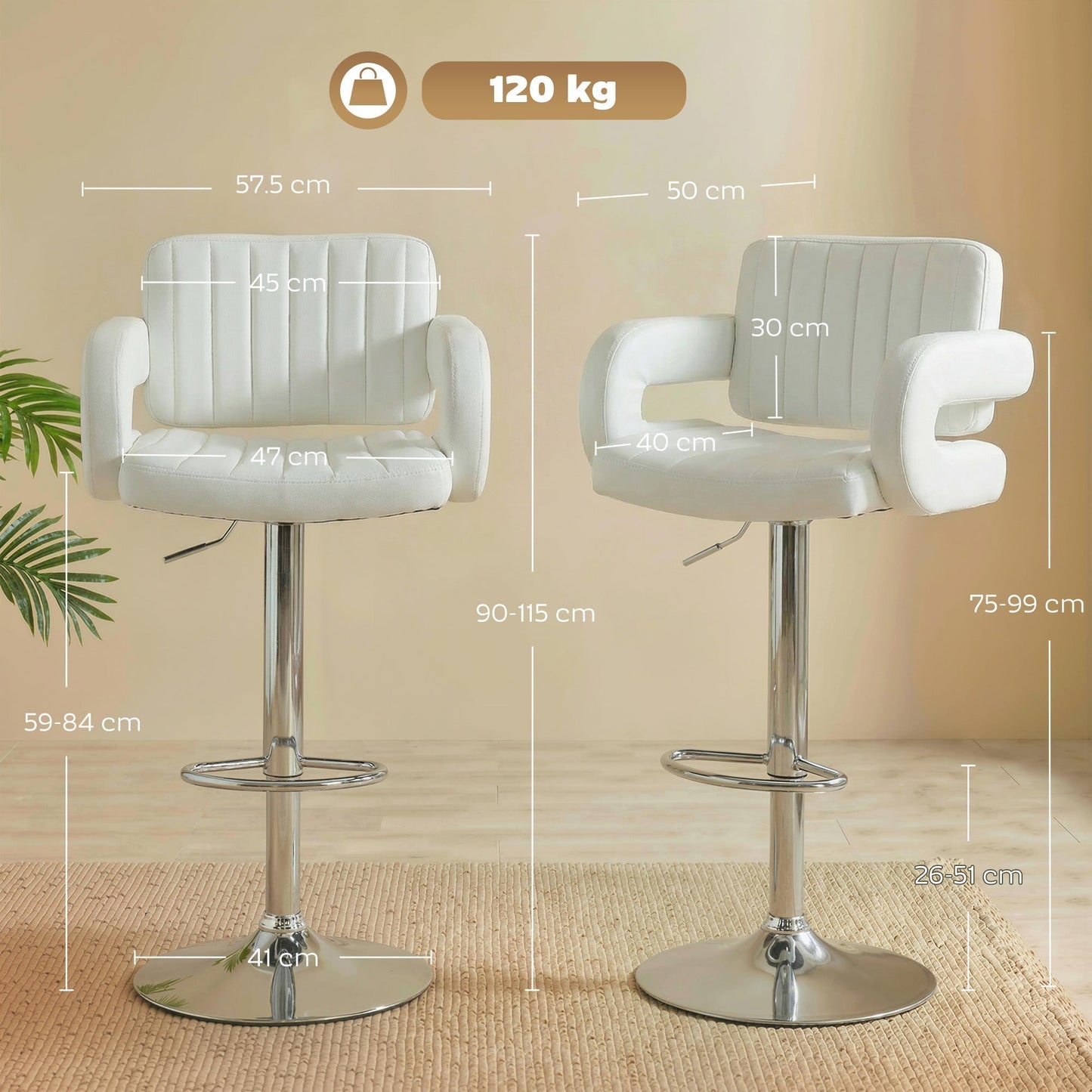 HOMCOM Bar Stools Adjustable Swivel Kitchen Chairs with Backrest Armrest Set of 2 PU Leather White