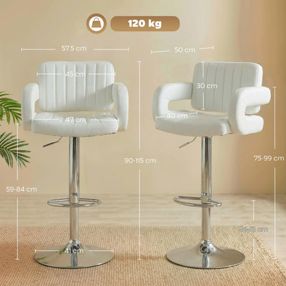 HOMCOM Bar Stools Adjustable Swivel Kitchen Chairs with Backrest Armrest Set of 2 PU Leather White
