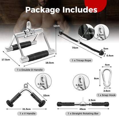 The gym cable attachments laid out with labels and size indicators