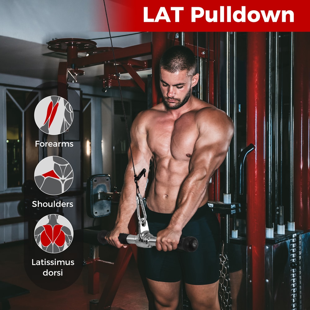 The weights accessories attached to a cable machine for a lat pulldown workout