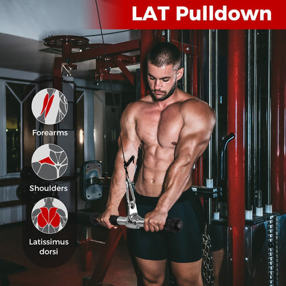 The weights accessories attached to a cable machine for a lat pulldown workout