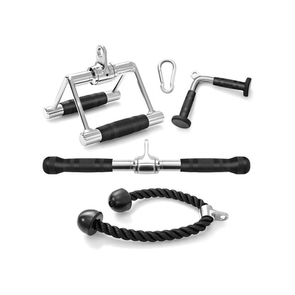 Cable Machine Attachment Set featuring a V-handle, tricep rope, straight bar and snap hook