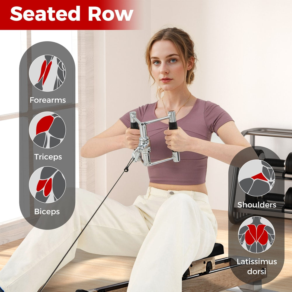 The gym cable attachments held by a woman with muscle group diagrams