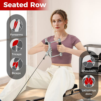The gym cable attachments held by a woman with muscle group diagrams