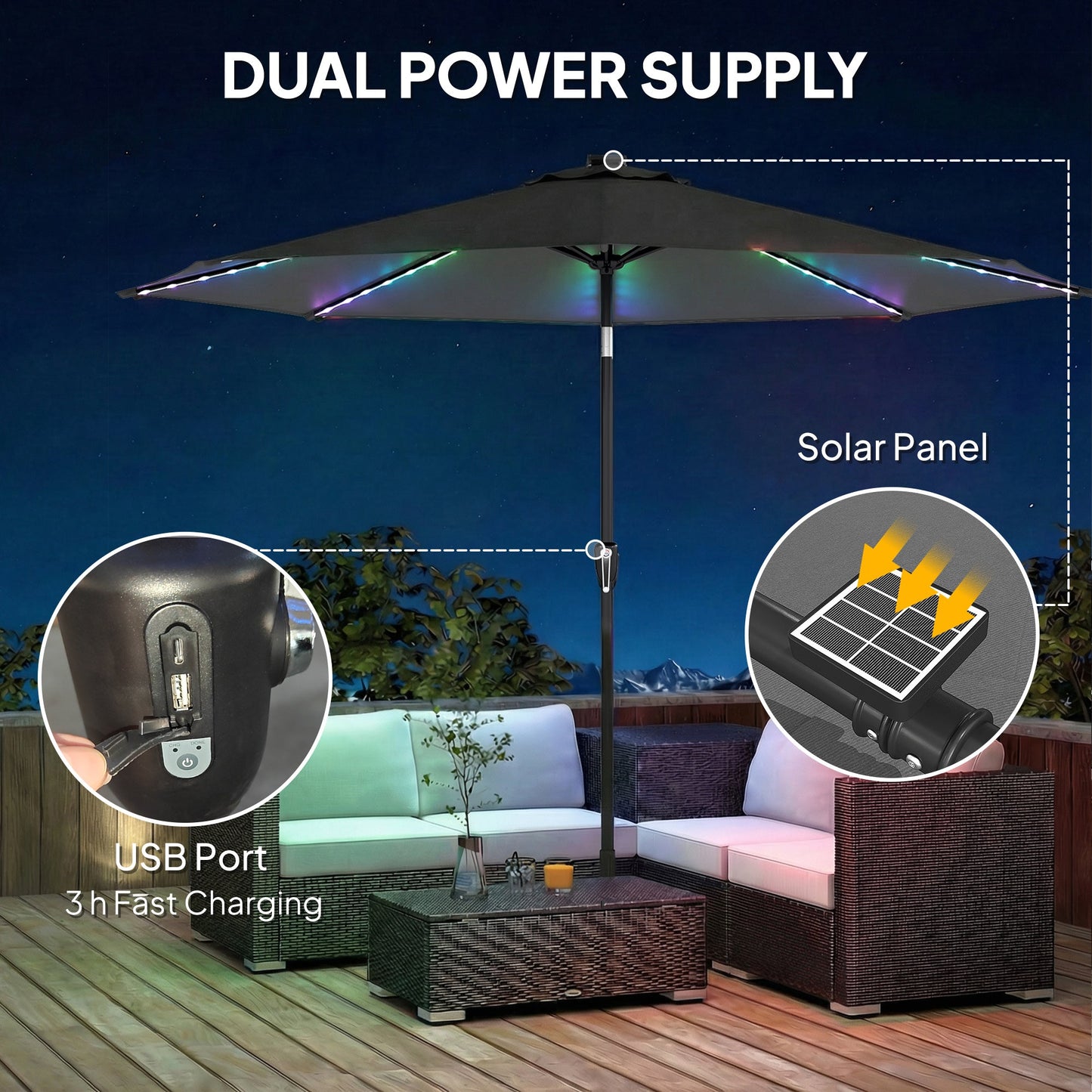مظلة فناء بقطر 3 متر من Outsunny مع 112 مصباح LED يعمل بالطاقة الشمسية، مظلة فناء بمقبض تدوير، رمادي