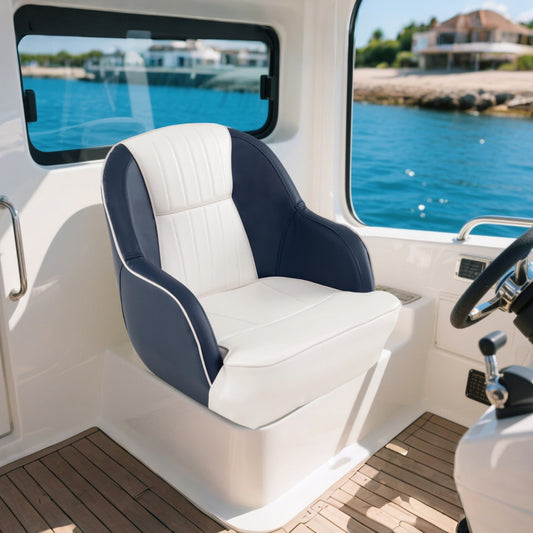 The boat seat installed inside a cabin with a view of the water through the windows