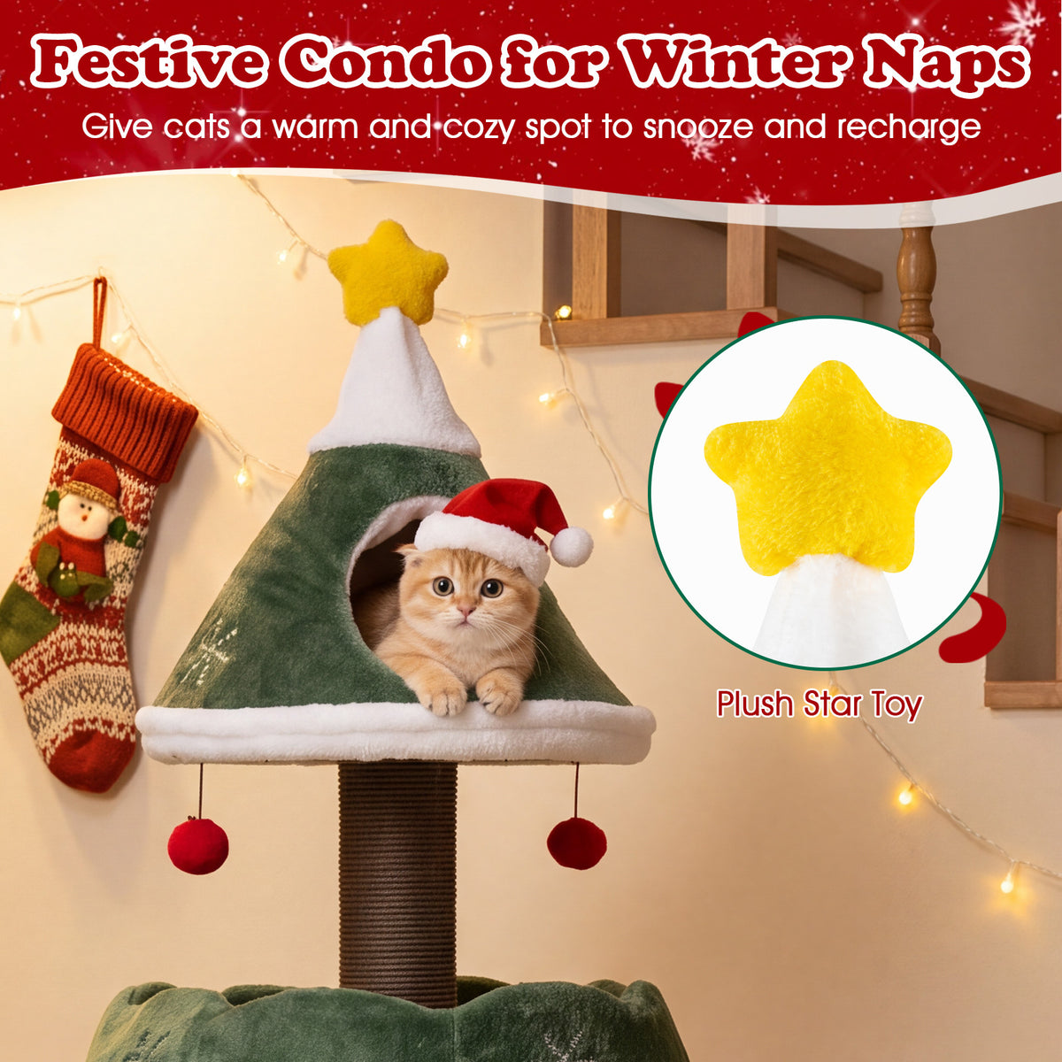 The cat tree top section with a close-up of the yellow plush star toy