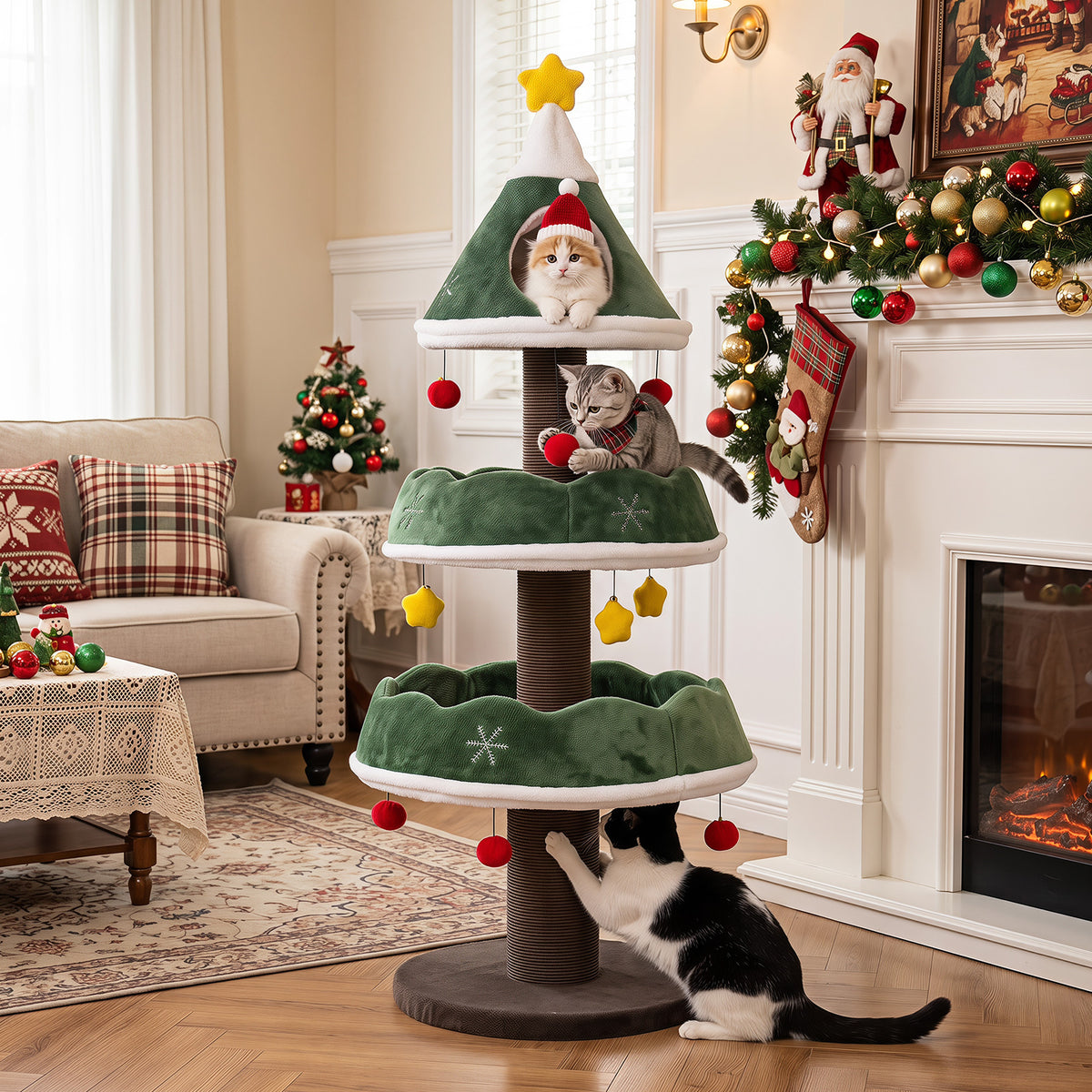The cat tree standing in a festive living room next to a fireplace with stockings