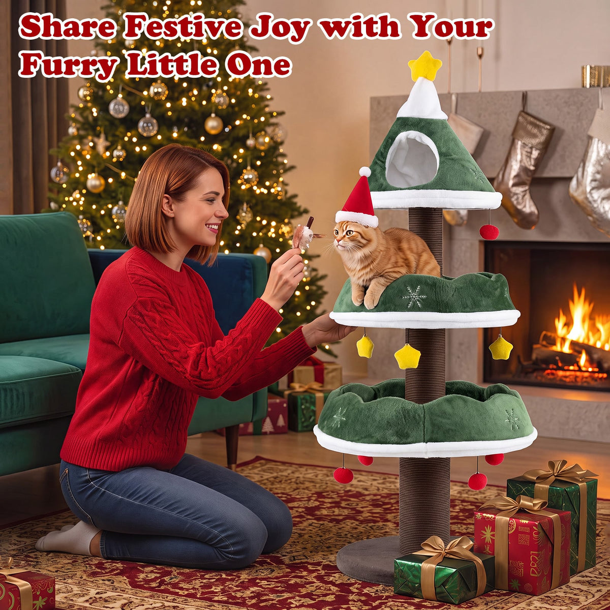 A woman playing with a cat sitting on the middle tier of the cat tree