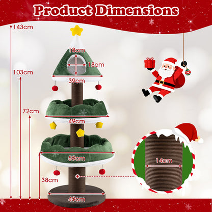 The cat tree with red arrows showing the height and width of the structure