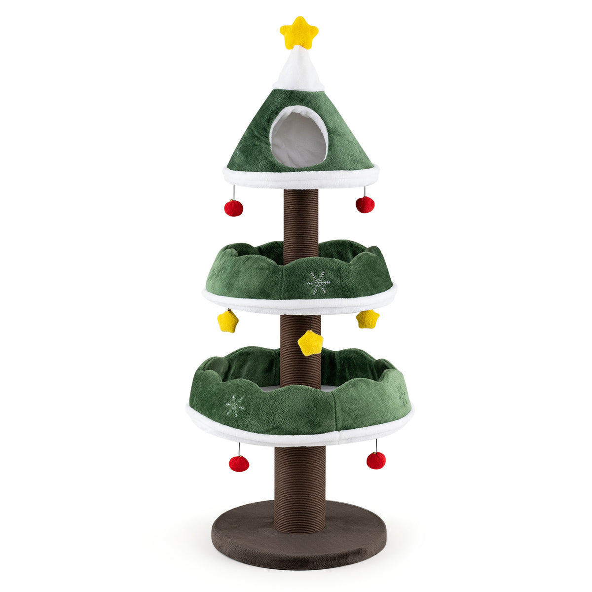 The cat tree showing the green tiered platforms and brown scratching posts