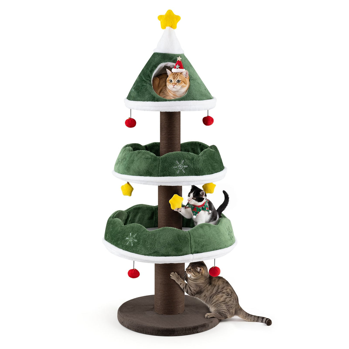 Cat Christmas Tree with Cozy Condo and Scratching Posts with three cats playing on it