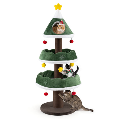 Cat Christmas Tree with Cozy Condo and Scratching Posts with three cats playing on it